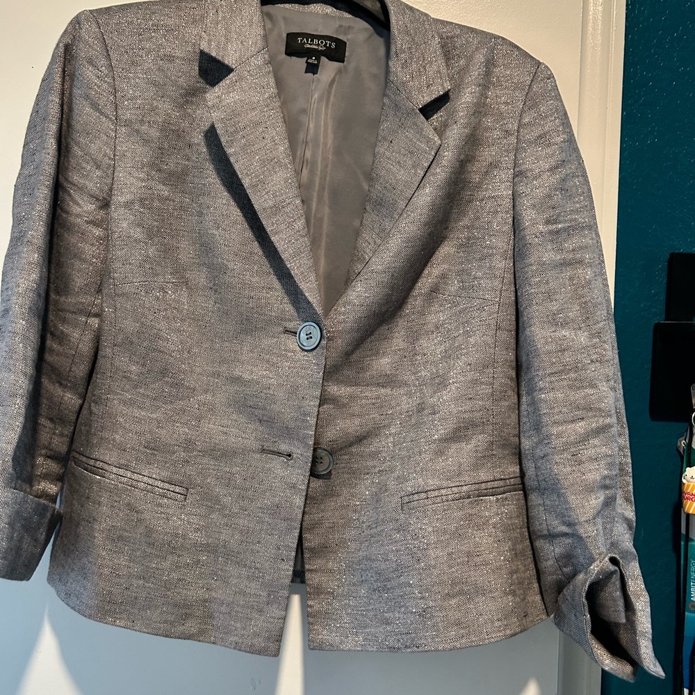 Talbots Women's Silver shiny Blazer and skirt , blazer size 8 skirt size 6